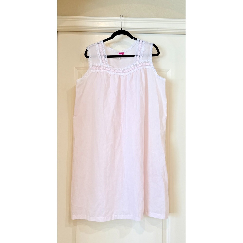 Vtg Lady Manhattan Pink Lace Trim Nightgown Sz L USA Cottagecore Prairie Granny